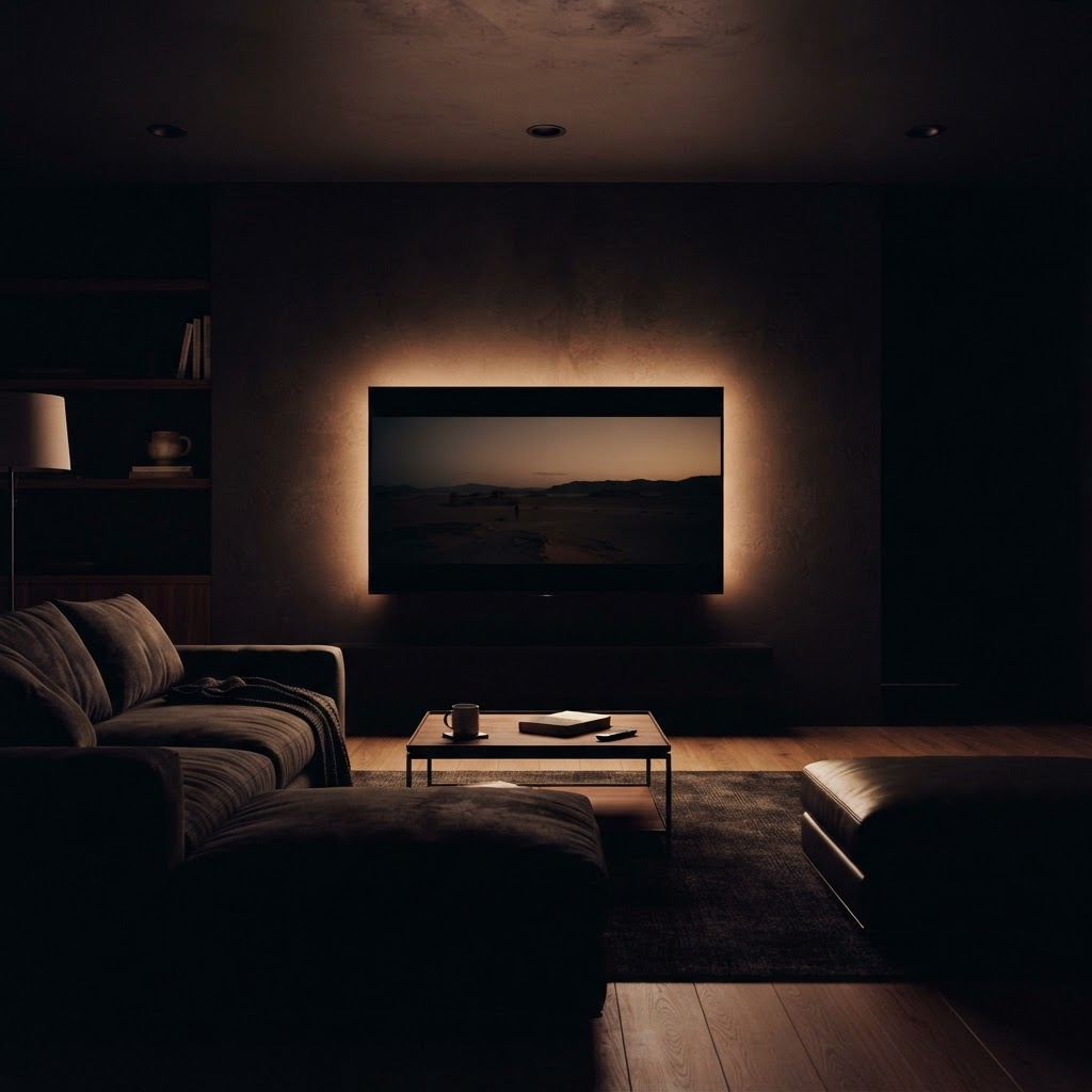 A softly lit night-mode home media room with a glowing screen