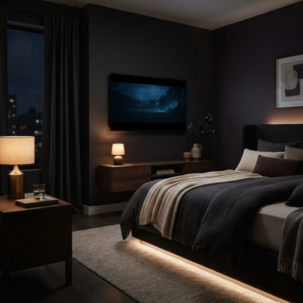 A dim modern bedroom with a softly glowing wall-mounted screen